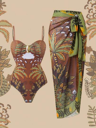 Swim Oasis Women's Summer Vacation Casual Beach Wear Tropical Plant Print Halter Tankini Swimsuit 2-Piece Bikini Set With Adjustable Shoulder Straps & Skirt