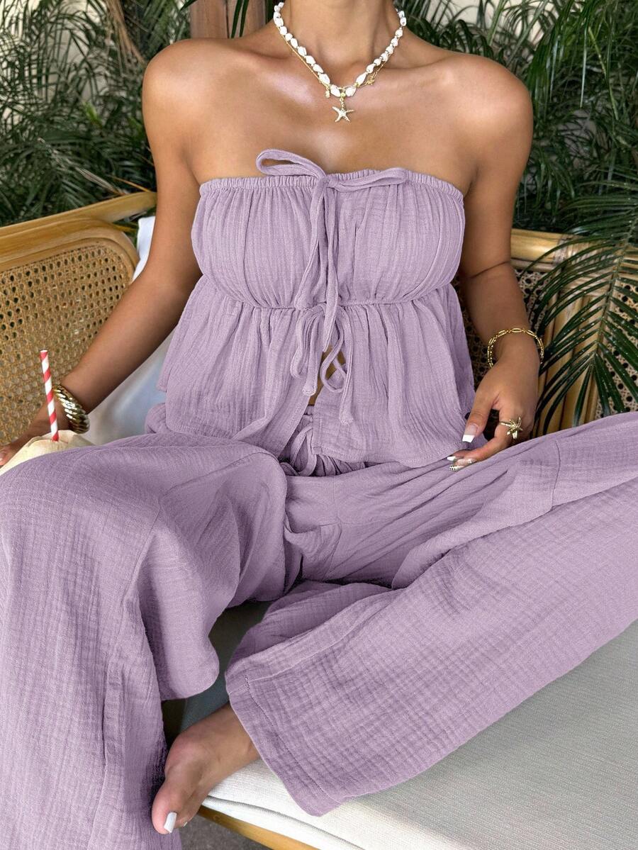 SHEIN EZwear 灰紫色編織棉麻女款抹胸上衣休閒波西米亞度假套裝女裝夏季穿搭女套裝女兩件套休閒套裝女裝女兩件套休閒套裝女裝女連身褲居家套裝女裝女套裝海灘海灘度假假日 - 紫丁香色 - 查看 1