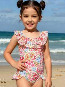 SHEIN 小女孩可爱多色碎花双层荷叶边连体泳衣，适合游泳、夏季、海滩度假 - 彩色 - 查看 3
