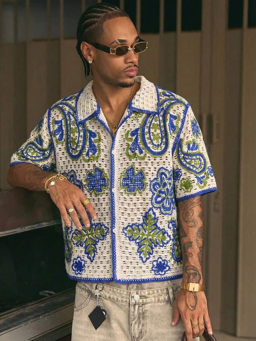 AXEPEAK Men's Summer Casual Contrast Trim Hollow-Out Knit Sweater Mens Crochet Shirt Mens Patterned Shirt Mens Embroidered Shirt Mens Beach Shirt Mens Short Sleeve Button Up