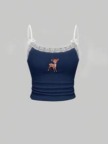 ROMWE J-Fashion 女士可爱小鹿刺绣蕾丝吊带背心和小鹿印花短裤套装 - 藏蓝色 - 查看 3