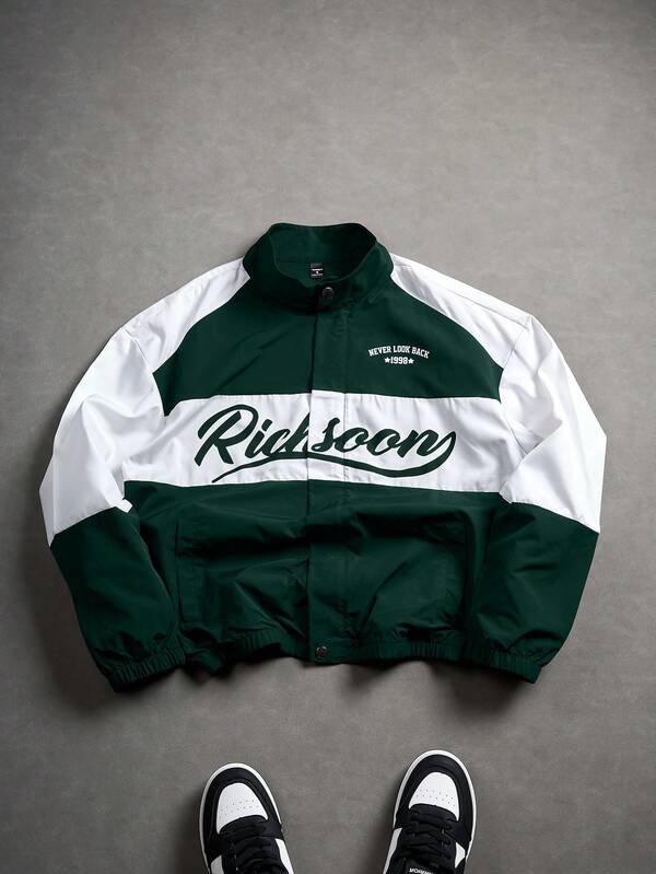 PAVTROS Men's Casual Everyday Contrast Color Letter Pattern Stand Collar Jacket Race Car Jacket Custom Jacket Wind Breaker Windbreaker Track Jacket