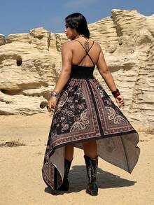 Rustia Vestido camisero largo con escote en V profundo, cintura asimétrica y sin mangas, talla grande - Multicolor - Ver 2