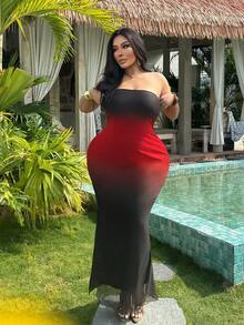 Coolane Women's Plus Size Summer Sexy Going Out Rave Outfit Elegant Beach Outfits Vacation Stretchy Strapless Black Red Print Flattering Curvy Confidence-Boosting Plus Size Dress - Multicolor - View 2