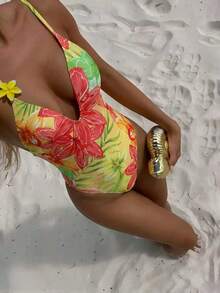 Swim Vcay Summer New Arrival Bestselling Tropical Hibiscus Print High Cut Spaghetti Strap Deep V Triangle Cup Romantic Beach Vacation One-Piece Swimsuit For Women - Multicolor - View 1