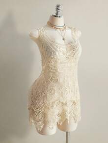 SHEIN ICON Plus Size Women Hollow Design Sleeveless Cover Up Dress, Suitable For Beach Vacation, Music Festival, Coachella - White - View 8