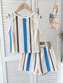 SHEIN Tween Girl Elegant Striped Round Neck Tank Top And Shorts Casual Set - White - View 1