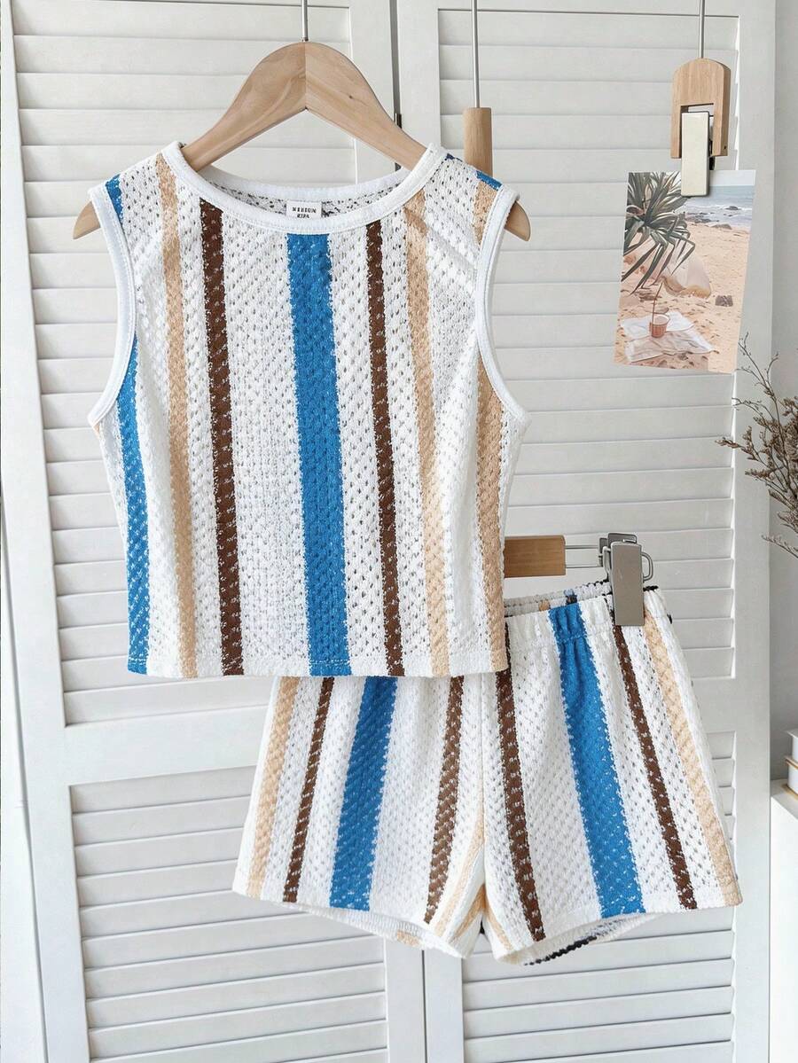 SHEIN Tween Girl Elegant Striped Round Neck Tank Top And Shorts Casual Set - White - View 1