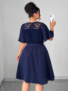 Elenzga Plus Size Women's Round Neck Lace Patchwork Ruffle Sleeve Hollow Back Casual Dress, Business Casual, Summer Women Outfit, Elegant, Formal Women Dresses, Evening Dress, Sleeveless, Lace Dress, Wedding Women Dress, Wedding Guest - Navy Blue - View 3