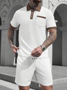 Manfinity CasualCool Men's Waffle Knit Polo Shirt And Shorts Set,White And Brown Contrast Collar 2 Piece Outfits,Summer Casual Vacation Old Money Style Sweatsuit For Men - Beige - View 6