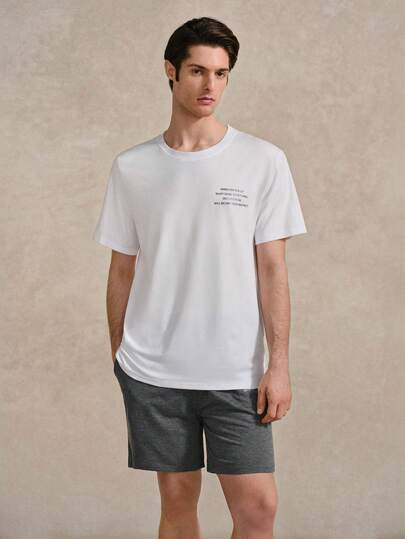 Manfinity Homme Tenniscore 男士夏季休闲日常标语印花落肩宽松T恤和抽绳腰短裤套装