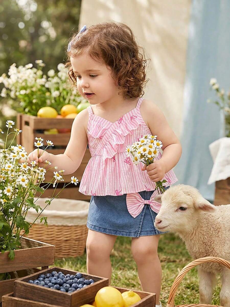 Souflis Souflis 2pcs Baby Girls Pink Striped Bow Print Ruffle V-Neck Sleeveless Top + A-Line Elastic Waist Washed Blue Denim Skirt Shorts Set, Cute & Casual Korean Style Suitable For Summer Daily Outings, Shopping, School, Travel, Photography, Picnic, Park, Amusement, Beach, Party, Etc. - Pink - View 1
