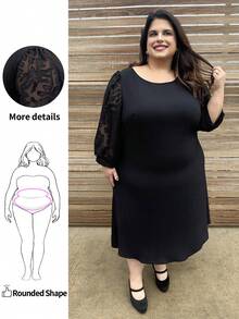 Enliva Plus Size Women's Mesh Contrast Black Elegant Black Mother's Day Dress Spring Outfits For Women, For Apple Rounded Body Shape - Black - View 1