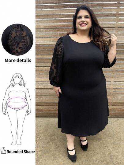 Enliva Plus Size Damklänning i mesh med kontrastfärger i svart, elegant svart, morsdagsklänning, vårkläder för kvinnor