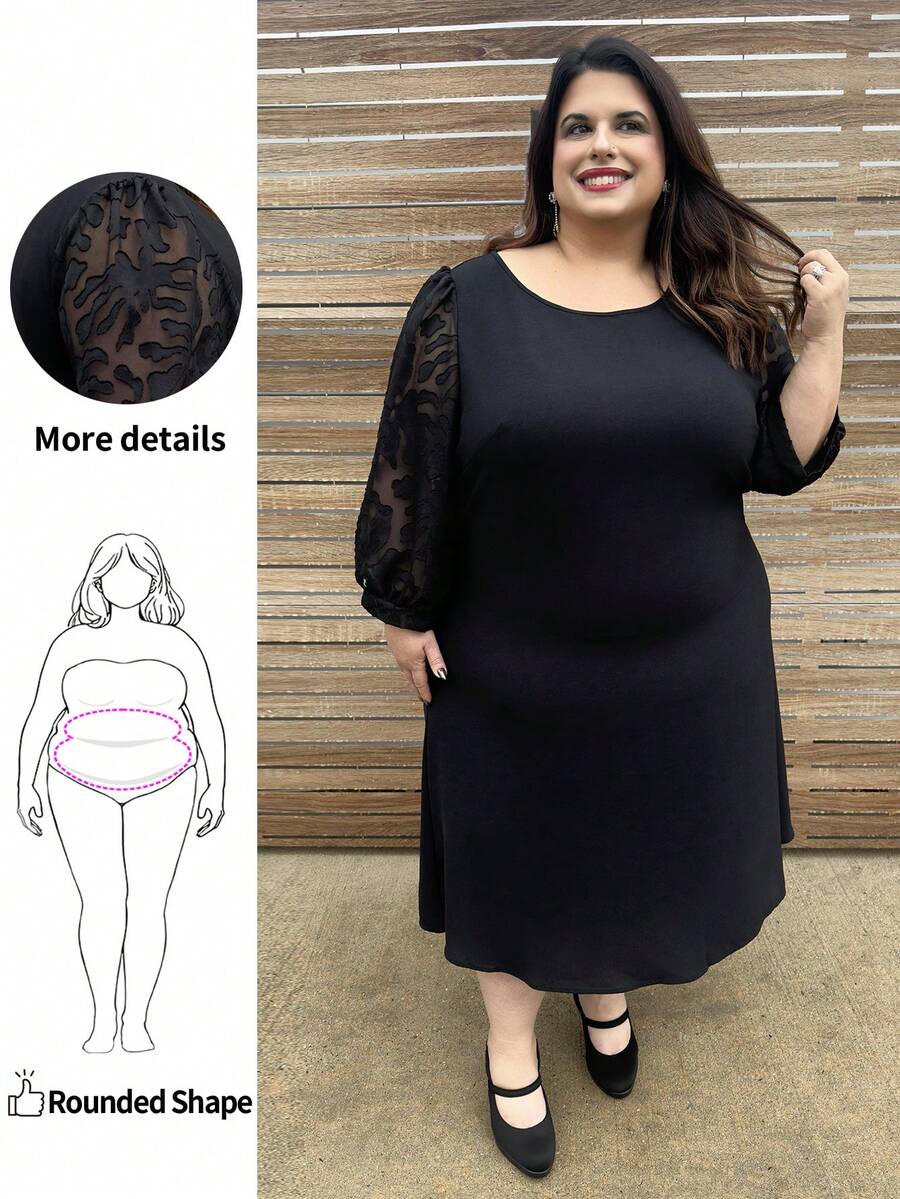 Enliva Plus Size Women's Mesh Contrast Black Elegant Black Mother's Day Dress Spring Outfits For Women, For Apple Rounded Body Shape - Black - View 1