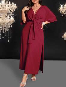 SHEIN Belle Vestido de talla grande de manga corta con dobladillo dividido, unicolor y cintura ceñida - Rojo - Ver 6