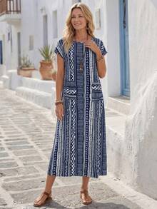 EMERY ROSE Women's Vacation Geometric Stripe Round Neck Batwing Sleeve Casual Long Dress - Navy Blue - View 3