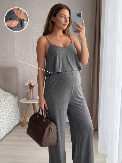 SHEIN Nursing Solid Color Spaghetti Strap Loose Casual Comfortable Jumpsuit,Summer Dress,Summer Outfits