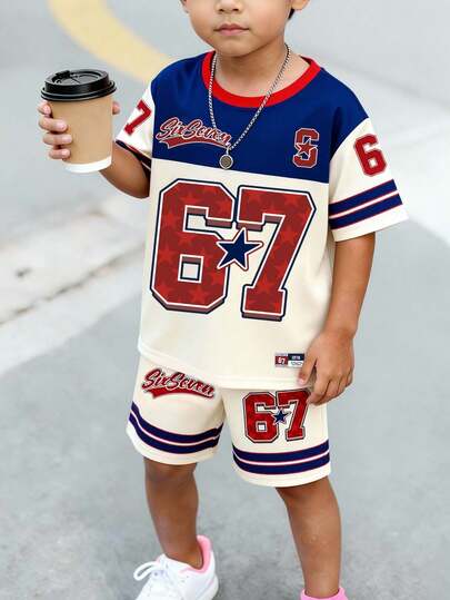2pcs/Set Toddler Boys' Casual Creative Numeric 67, Star, Stripe, Letter Print Short Sleeve T-Shirt And Shorts, Comfortable Daily Outfit For Spring, Summer