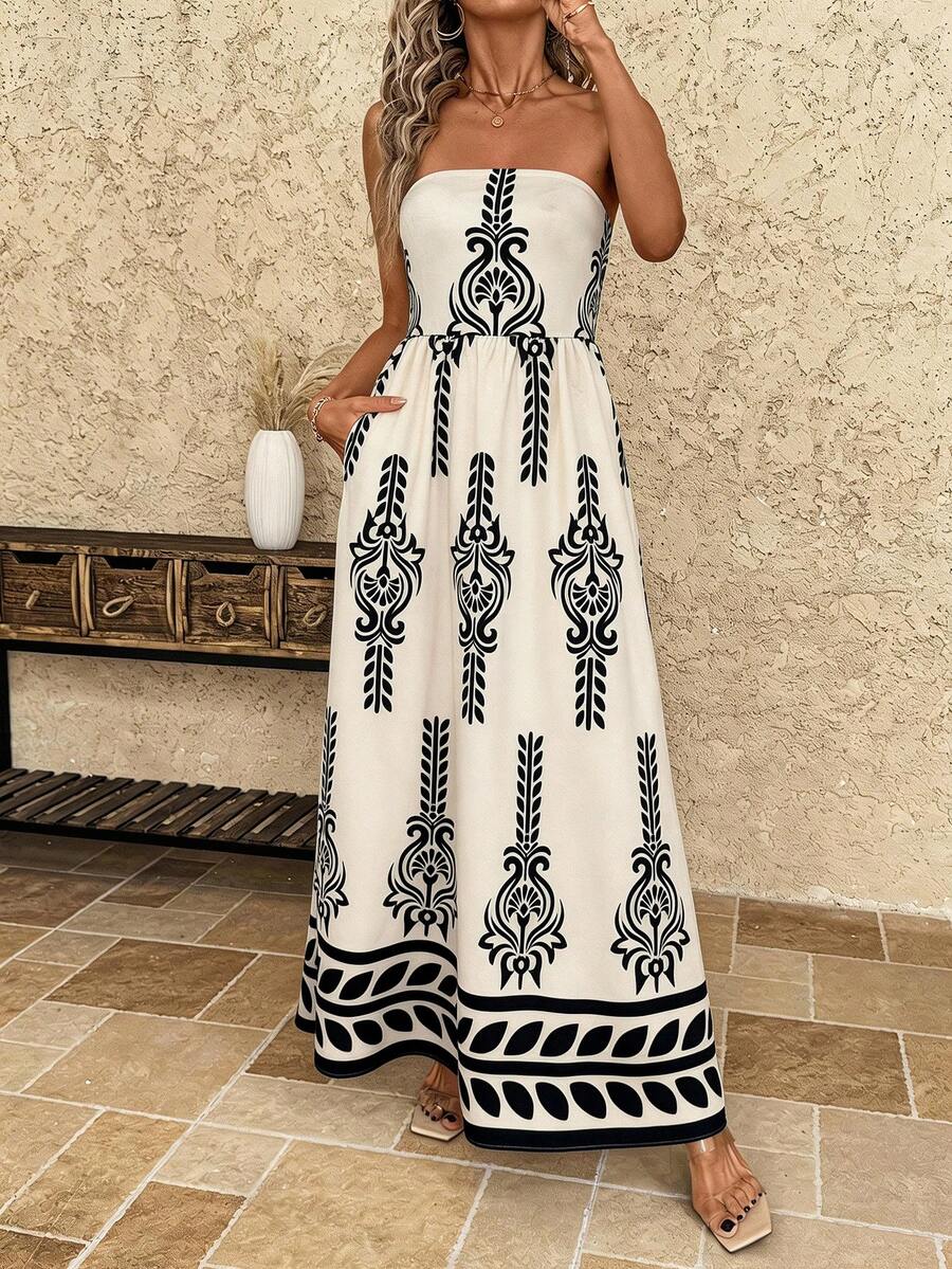 Solivie Đầm in họa tiết cổ điển dành cho nữ, phong cách thường ngày đi nghỉ mát. - Màu be - Xem 1