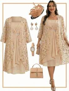 Ellevyn Bộ áo choàng và váy lưới đính sequin thanh lịch dành cho nữ cỡ lớn. - Màu be - Xem 9