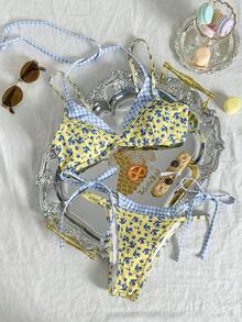 Swim Mod 女士新款格子碎花比基尼套装，两件式泳衣，适合泳池、度假、海滩、夏季穿着 - 藍色 - 查看 4