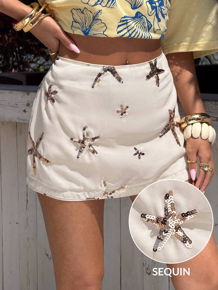 Muchica Váy thời trang bằng vải chiffon màu mơ đính sequin và họa tiết ghép mảnh. - Màu be - Xem 1