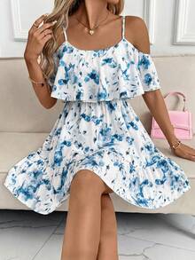 Clasi Vestido minielegante de mujer con estampado floral y hombros al descubierto, vestido casual cómodo para vacaciones y playa - Azul - Ver 5