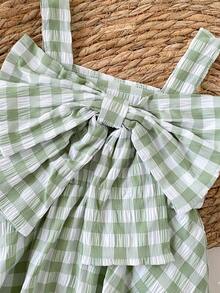 SHEIN 女婴休闲可爱汽车蝴蝶肩带蓝色条纹连体衣，夏季 - 綠色 - 查看 5