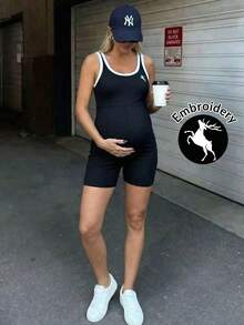 SHEIN Maternity Clothes Pregnant Women Deer Embroidery Trim Casual Jumpsuit Romper Black Summer - Black and White - View 1