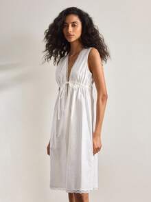 Ocili Women's Solid Color Contrast Lace Front Tie Sleeveless Nightgown - White - View 5