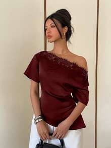 Siren Gaze Women's Lace Patchwork Satin Blouse With Asymmetrical Shoulder Neckline - Burgundy - View 6