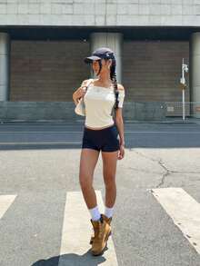 INAWLY 女士纯色圆领短袖休闲T恤，夏季印花T恤女式上衣 - 杏色 - 查看 4