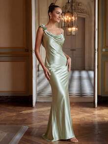 Lumalex 亮面立体花卉单肩露肩飘逸系带鱼尾连衣裙（女款） - 綠色 - 查看 5