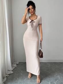 Elenzga 女士优雅浪漫杏色甜心领蝴蝶结腰身短袖修身长连衣裙，春夏款 - 杏色 - 查看 5