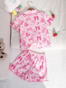 SHEIN Bộ đồ mặc nhà 2 mảnh cho bé gái: áo khoác cardigan và quần short cổ bẻ họa tiết nơ. - Nhiều màu - Xem 6