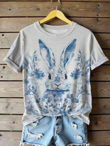 EMERY ROSE Women's Rabbit & Floral Easter Bunny Pattern Comfortable Soft Casual Round Neck Short Sleeve T-Shirt, Suitable For Daily & Holiday Wear - Light Grey - View 1
