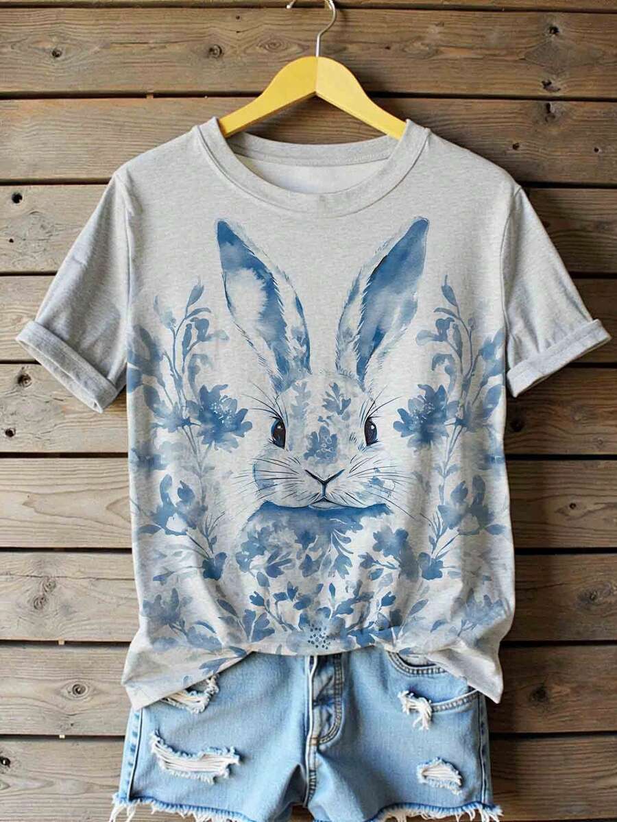 EMERY ROSE Women's Rabbit & Floral Easter Bunny Pattern Comfortable Soft Casual Round Neck Short Sleeve T-Shirt, Suitable For Daily & Holiday Wear - Light Grey - View 1