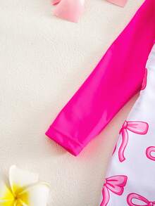 SHEIN 女婴蝴蝶印花荷叶边连体泳衣，适合海滩度假 - 玫紅色 - 查看 4