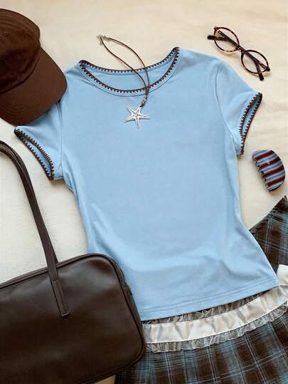 Comfortcana Áo thun nữ tay ngắn cổ tròn phối viền tương phản thời trang mới 2026, kiểu dáng thường ngày, đa năng, thích hợp mặc mùa hè, mùa xuân, dã ngoại, phong cách Y2K màu xanh dương.