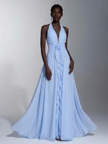 Elitara Robe élégante et romantique à dos nu en mousseline de soie, à volants multicouches et ourlet évasé. Convient pour les festivals, mariages, galas, concerts, événements professionnels, occasions pour les influenceurs des médias sociaux - Bleu ciel - Voir 2