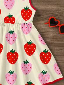 SHEIN Sweet Summer Strawberry Print Dress, Vacation Style, Red Patchwork, Young Girl Casual Minimalist Sleeveless Midi Dress, Suitable For Summer Easy Comfort, Casual Wear SS, Girl Trip, Vacay Vibes, Whimsical, Vacation Kidswear, Young Girl Daily Fashion Girl Strawberry Dress Girl Dress Summer Strawberry Dress Kids Summer Dress For Girls Girls Strawberry Print Dress - Multicolor - View 5