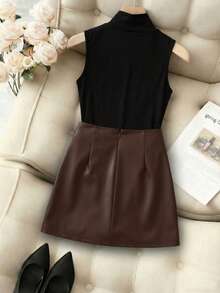 SHEIN Holidaya Fashionable New High Collar Sleeveless Slim Fit Tank Top + Shiny Leather Asymmetrical Hem High Waist Bodycon Skirt, Spring/Summer Two Pieces Set - Black - View 2
