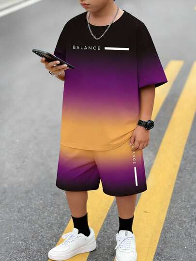 2pcs/Set Boys' Casual Gradient Color Balance Letter Print Short Sleeve T-Shirt And Shorts, Comfortable Daily Wear For Spring, Summer And Autumn