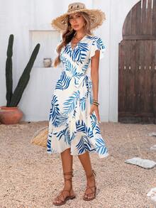 SHEIN Holidaya Vestido de mujer con cuello en V, manga corta, volantes en el bajo y bajo asimétrico con estampado (estampado asimétrico) - Azul y blanco - Ver 5