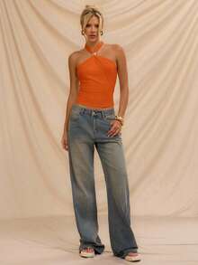 Avantive Áo kiểu nữ cổ yếm đính kim loại, áo hè nữ màu trắng, áo kiểu Mexico, áo trắng trễ vai cho nữ. - Màu Cam cháy - Xem 4