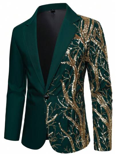 Manfinity Bizformal Conjunto de Blazer y Pantalones de Traje de Moda para Hombre con Bordado de Lentejuelas, Monopieza, Fiesta & Actuación, Formal, Ceremonia