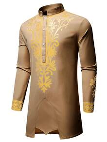 Genlund Bộ áo sơ mi nam cổ tròn tay raglan dài tay kiểu vintage - Cà phê nâu - Xem 3