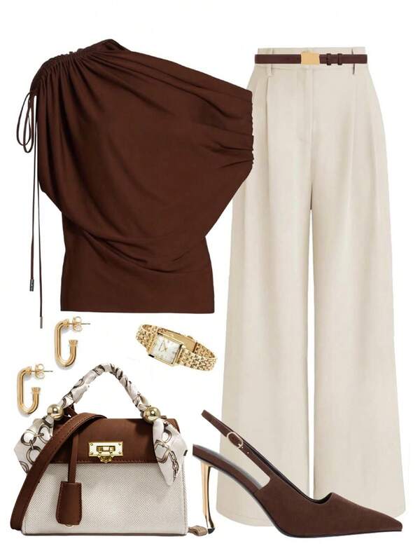 Ellevyn Bruine top met mesh schouders en beige wijde lange broek, elegante minimalistische outfit voor elke dag.