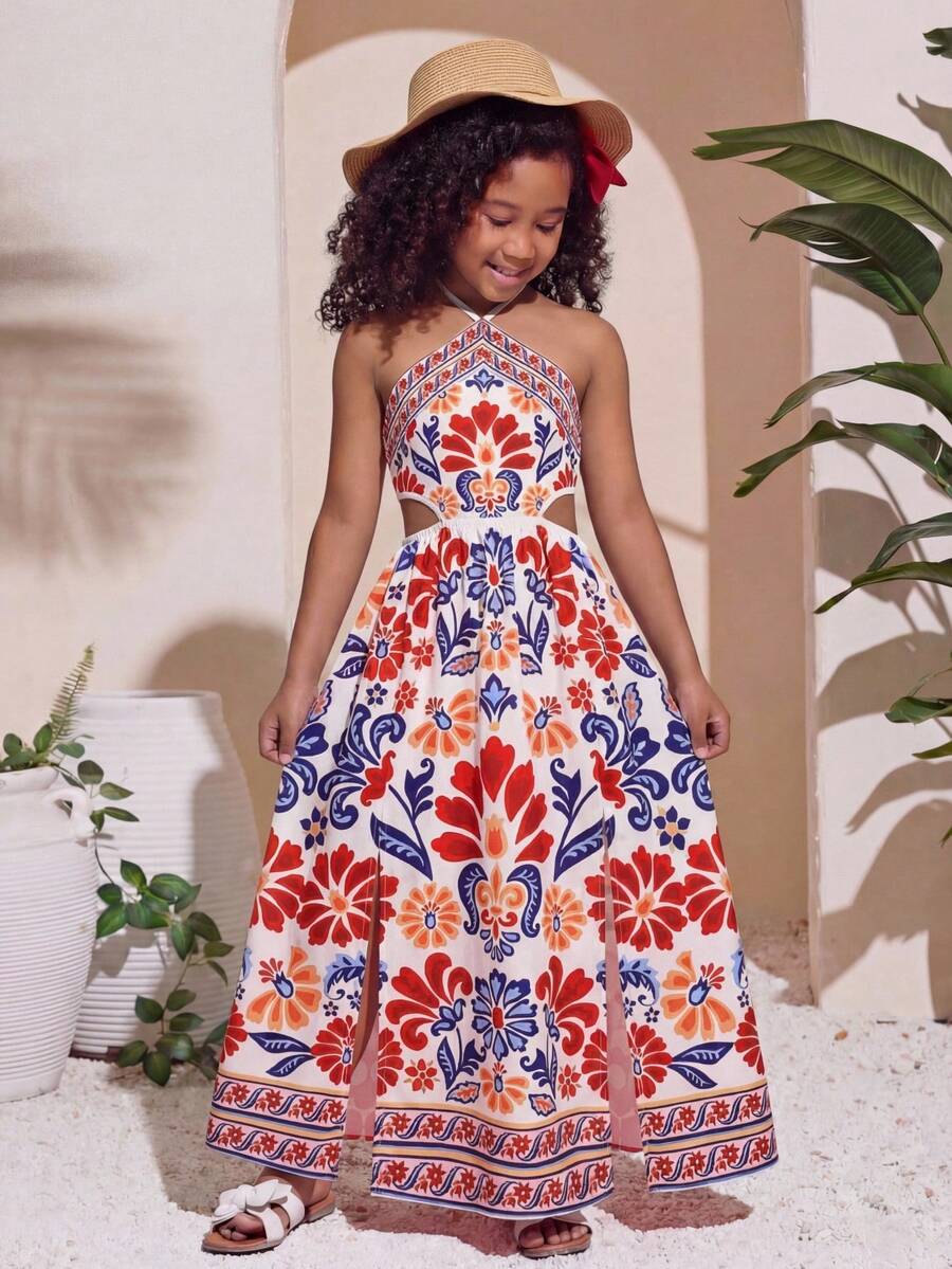 SHEIN Tween Girls' Summer Vacation Casual Floral Print Side Slit Hem Halter Dress Tween Tropical Dress Girls Tropical Dress Summer Dress Tween Girls Midi Dress Tropical Print Dress Girls Halter Midi Dress Tropical Print Midi Dress - Red - View 1
